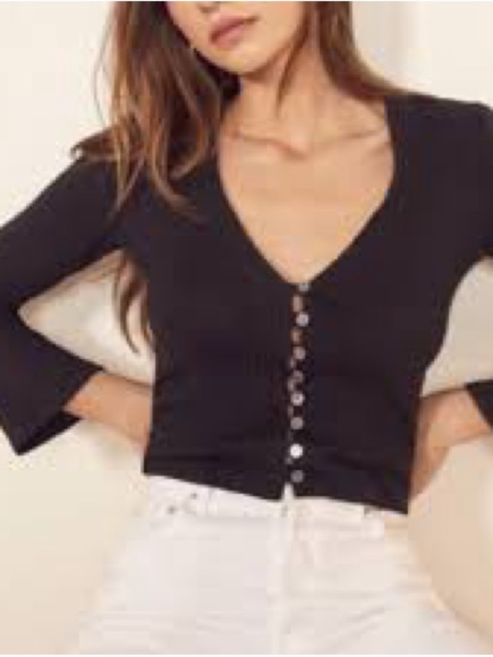 Reformation Black V-Neck Button-Front Ribbed Sweater